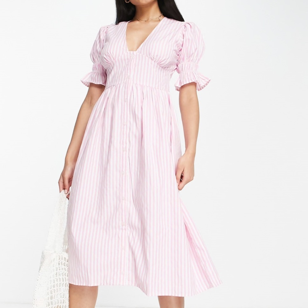 Pink and White Striped Midi Dress Puffed Sleeves Size XS